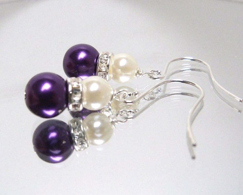 Set of 5 pairs Purple plum glass pearl earrings with silver rhinestone and ivory pearl on surgical steel ear wires