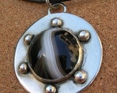 Mixed metals Pendant - German silver & 925 Sterling silver with big Black Quartz Agate cabochon