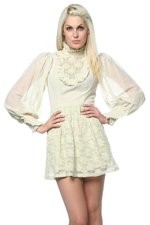 60s Lace Bib Dress Crochet Ruffle Hippie Boho Victorian Mod Babydoll Mini 1960s Vintage Extra Small XS