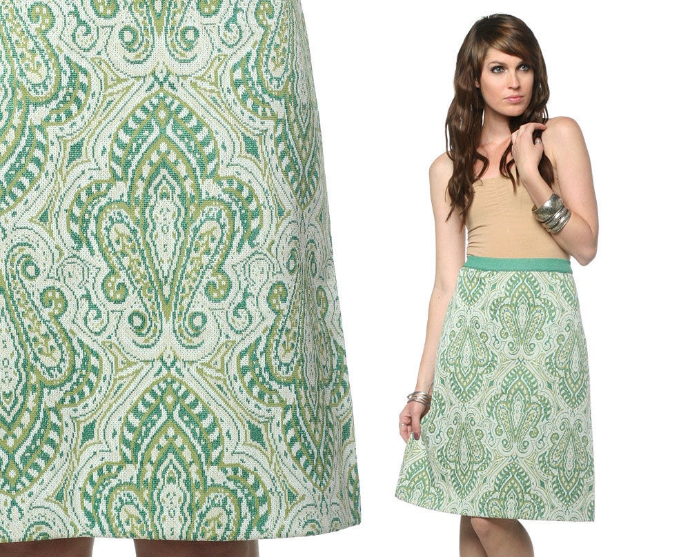 RESERVED 70s Paisley Skirt Green Mini 1970s Boho Hippie Chic High Waisted A Line Vintage White Knee Length Polyester Pencil Skirt Medium M