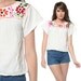 Mexican Embroidered Blouse Floral White Top 70s Hippie 1970s Boho Tunic Cotton Ethnic Bohemian Spring Festival Tent Shirt Small Medium S M