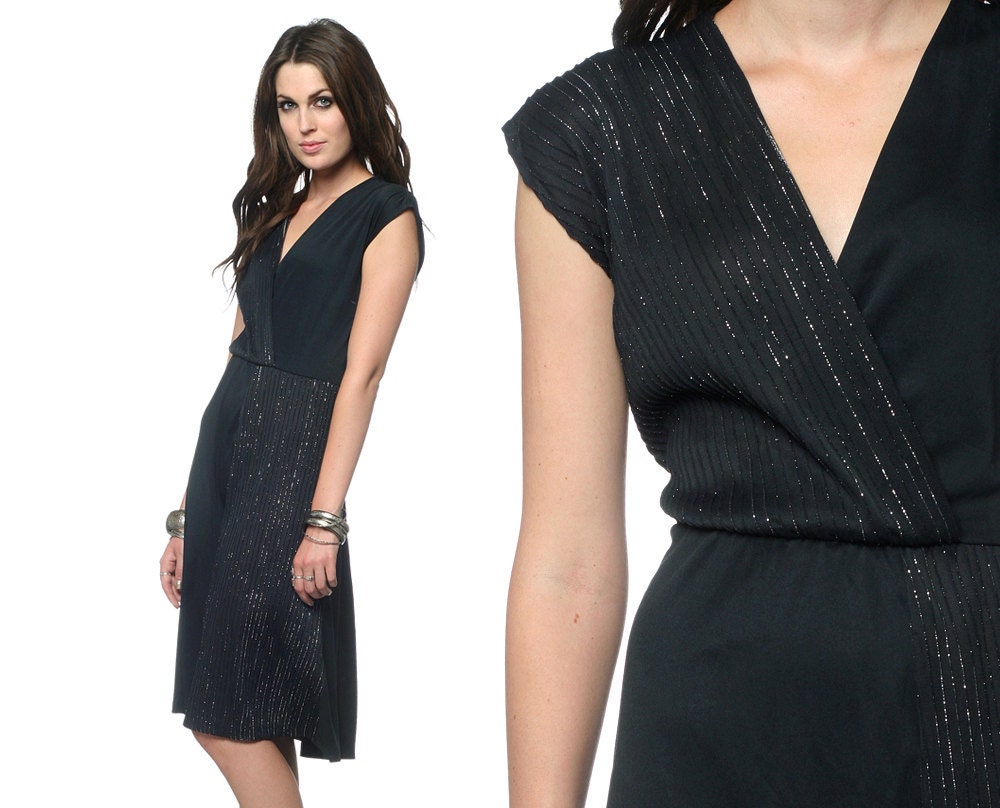 70s Black Metallic Dress Faux Wrap Midi 1970s Disco Deep V Neck Cap Sleeve Party Vintage Glam High Waisted Sparkle Medium Large M L