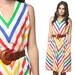 Rainbow Striped Dress 70s Chevron Tent V Neck Retro 1970s Hippie Midi Sleeveless Cotton A Line Knee Length Festival Medium Extra Large L XL