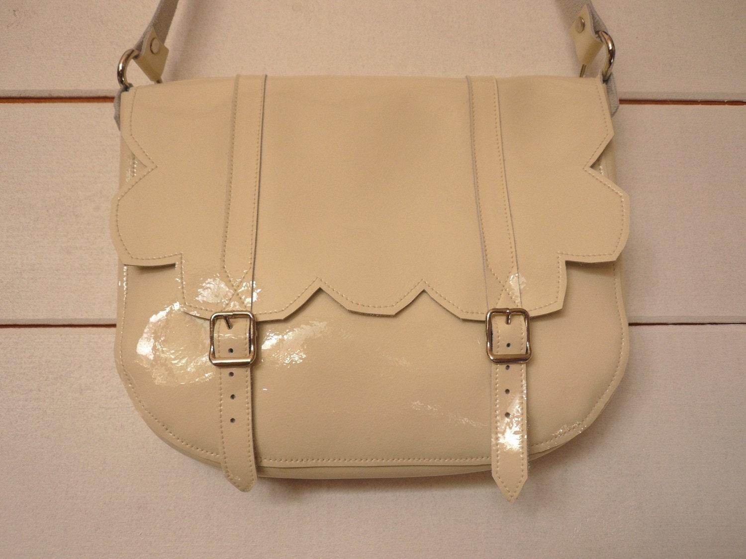 Cream Patent Leather Scallop Satchel FREE UK SHIPPING