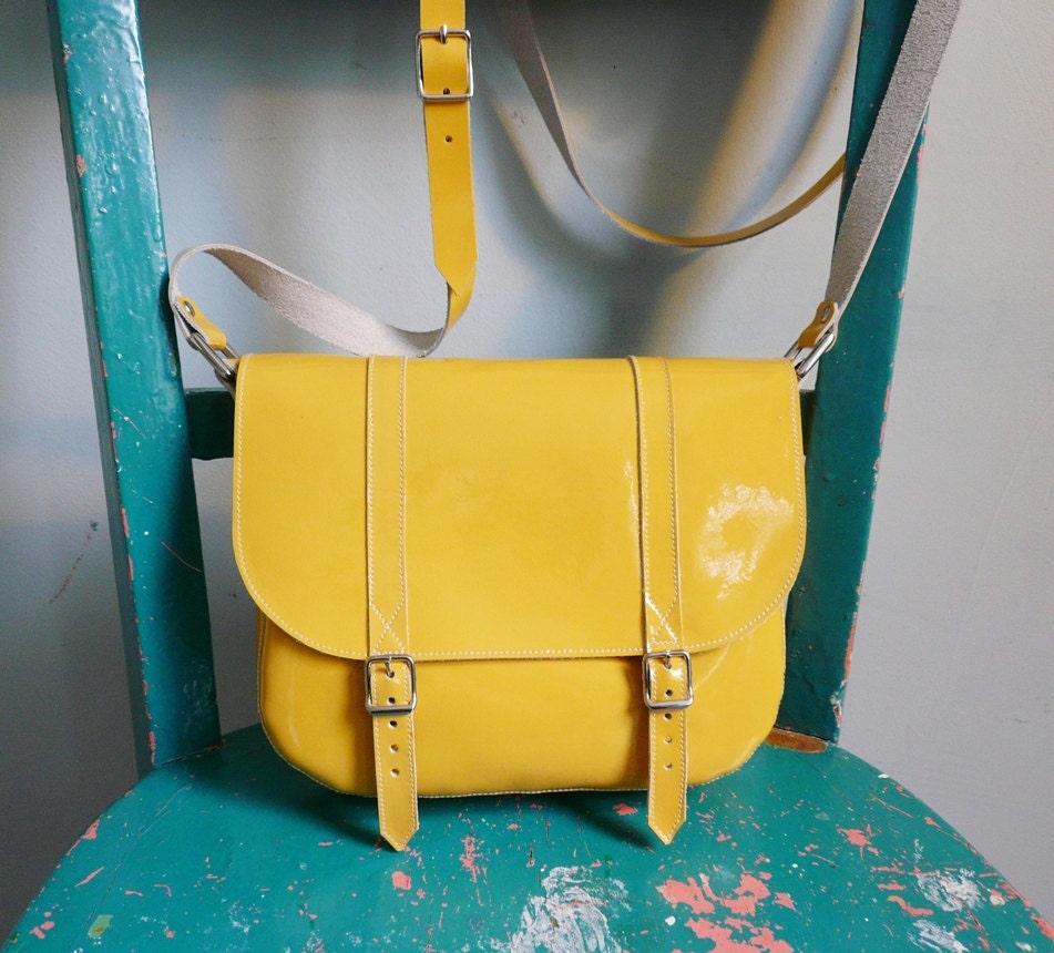 Yellow Patent Leather Satchel FREE UK SHIPPING