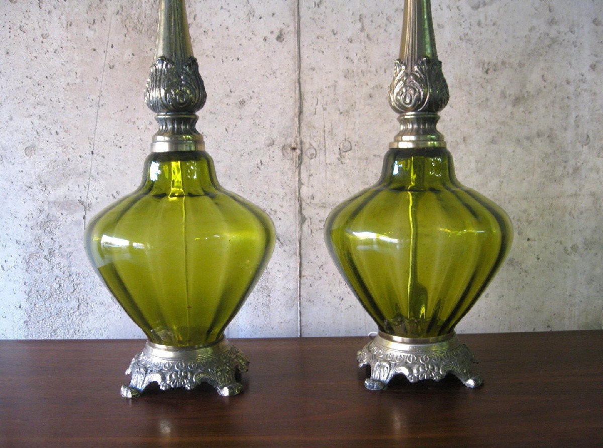 cicra 1960s PAIR of GLASS LAMPS. moss green and brass.