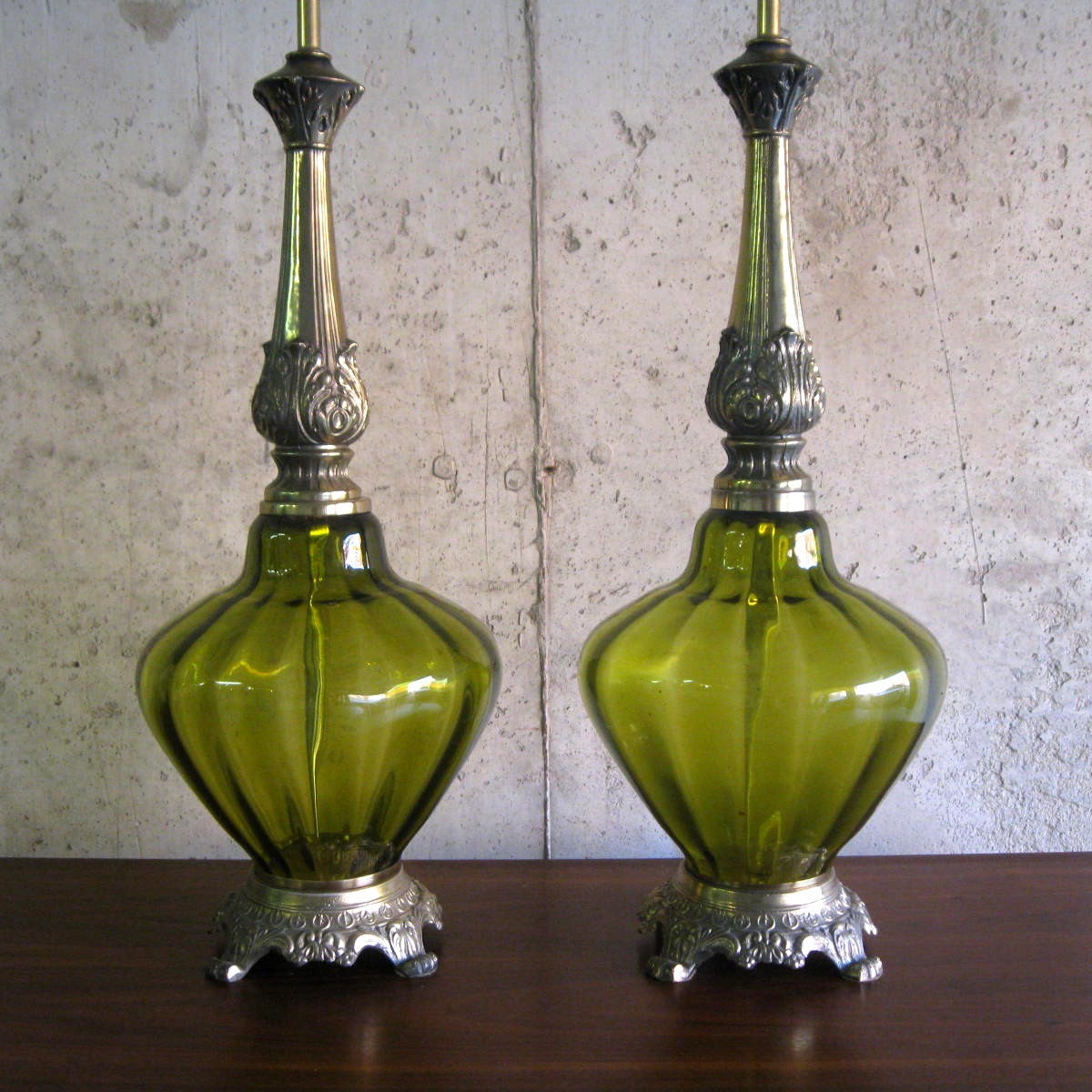 cicra 1960s PAIR of GLASS LAMPS. moss green and brass.