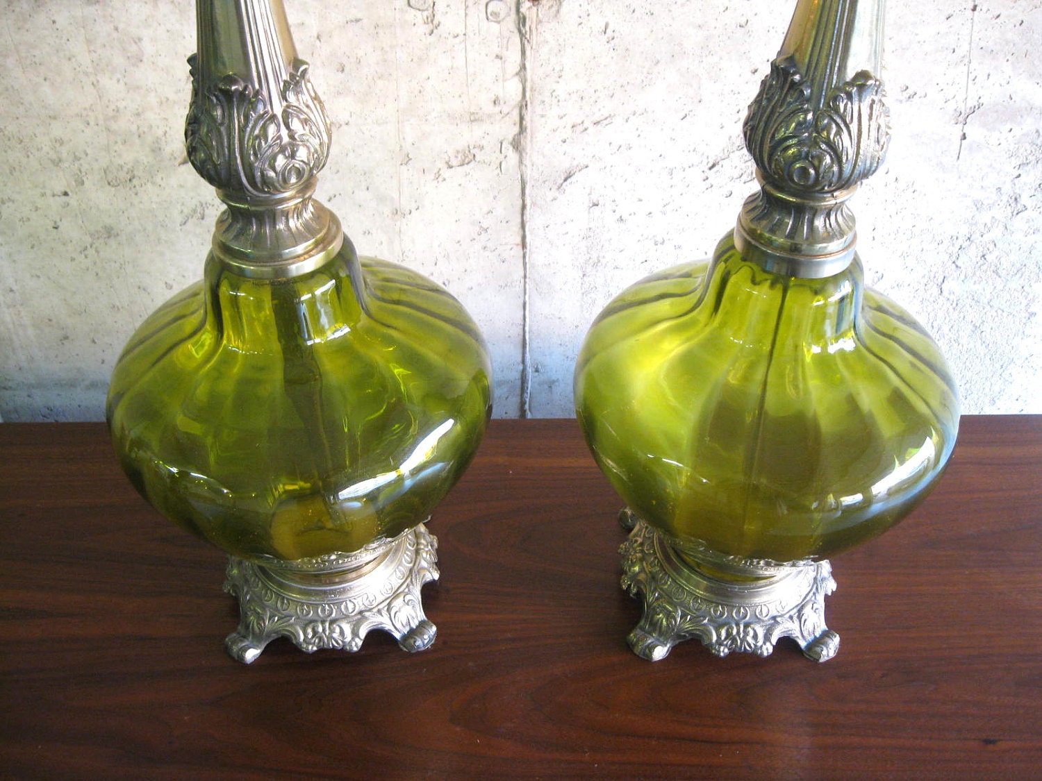 cicra 1960s PAIR of GLASS LAMPS. moss green and brass.