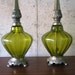 cicra 1960s PAIR of GLASS LAMPS. moss green and brass.