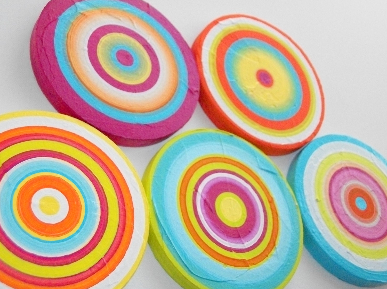 Wood Art Circles Tropical Colors 6 Textured Handpainted Wood Circles Abstract Art by Heather Montgomery Bright Acrylics