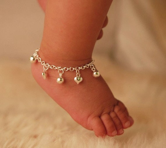 Sterling Silver Jingle Bell Hearts Anklet For Baby