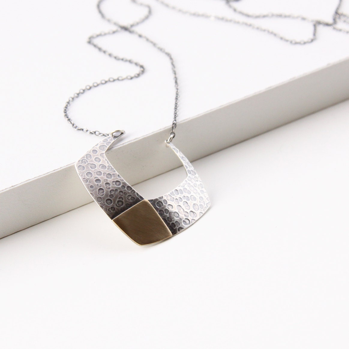 Geometric shaped long sterling silver necklace with an edgy jolt of yellow brass against dark oxidized surface - "Geometric Necklace"