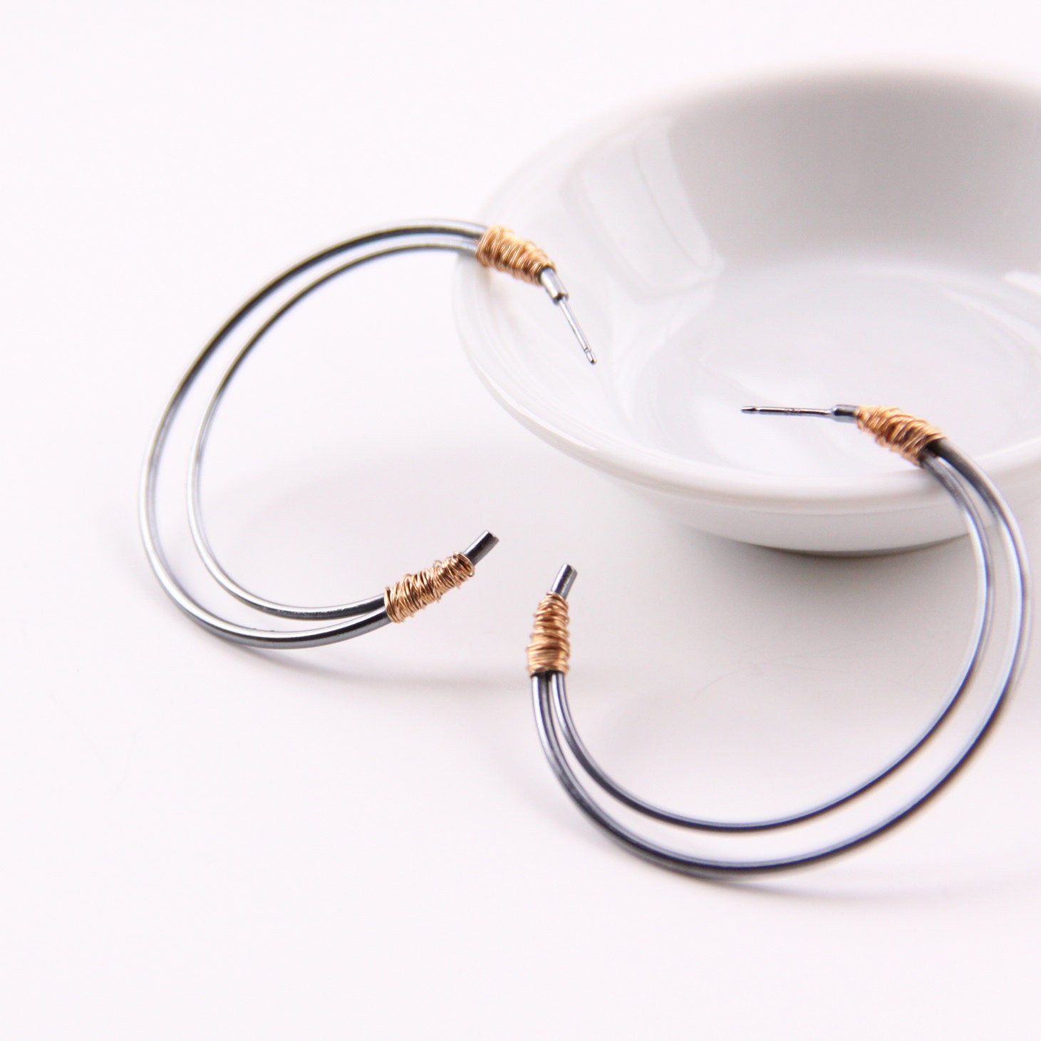 Sleek moon shaped silver hoop earrings, edgy and ultra modern combination of black silver and solid 14K yellow gold - "Crescent Hoops"