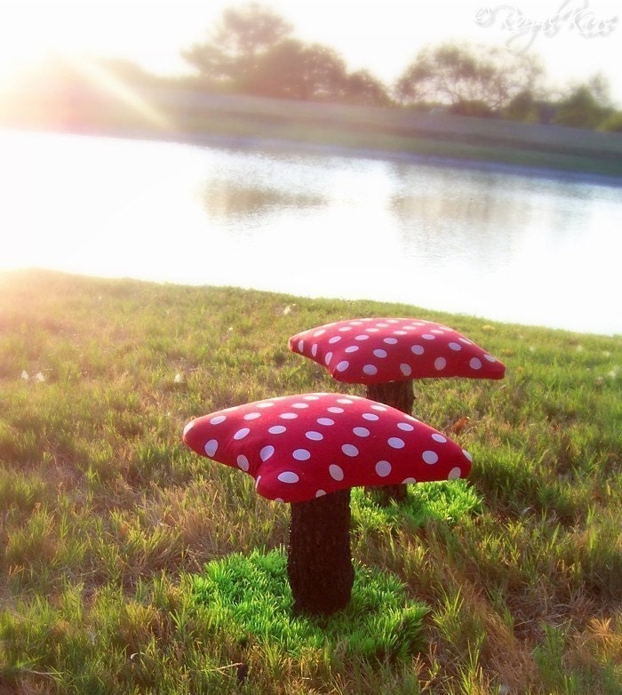 Two (2) Mushroom TOADSTOOLS chairs stools set play furniture green tree doll house unique kids children wooden forest original handmade