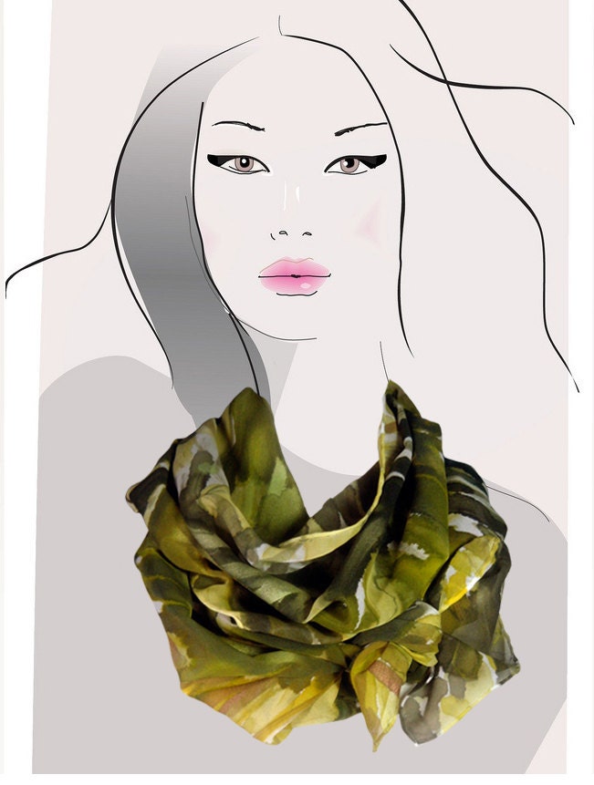 Safari Foliage: Olive Green, hand painted silk scarf