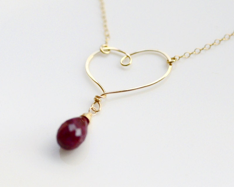 Ruby Necklace in 14k Gold Filled - Wire Wrapped Hand Forged Hammered Heart - Focal Pendant - 19 inches long - Valentine's Day