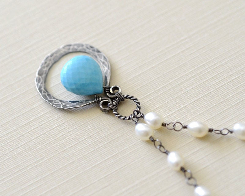 Sleeping Beauty Turquoise Oxidized Sterling Silver Necklace - Wire Wrapped Freshwater Pearls - Hammer Textured - 18 inches - Rustic - Heart