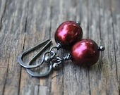 Cranberry Freshwater Pearl Earrings with Oxidized Sterling Silver, Simple