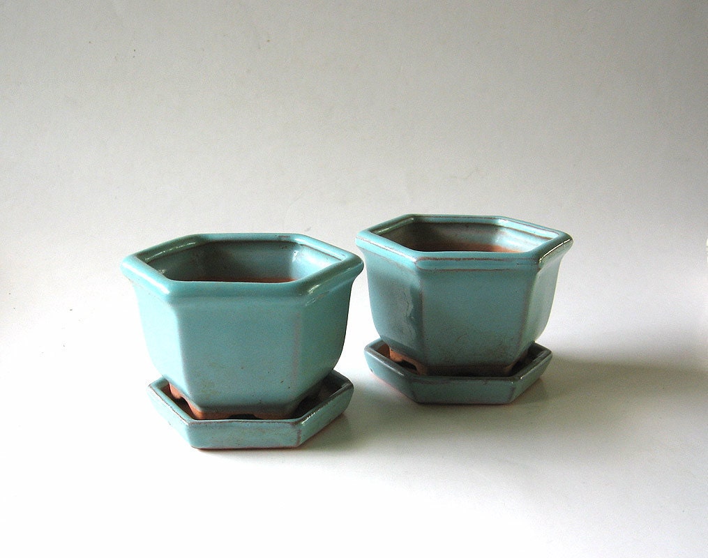 Bonsai Planters Miniature Octagon Blue Pots Saucers