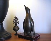 Brass Penguin on Wood Base Metal Sculpture