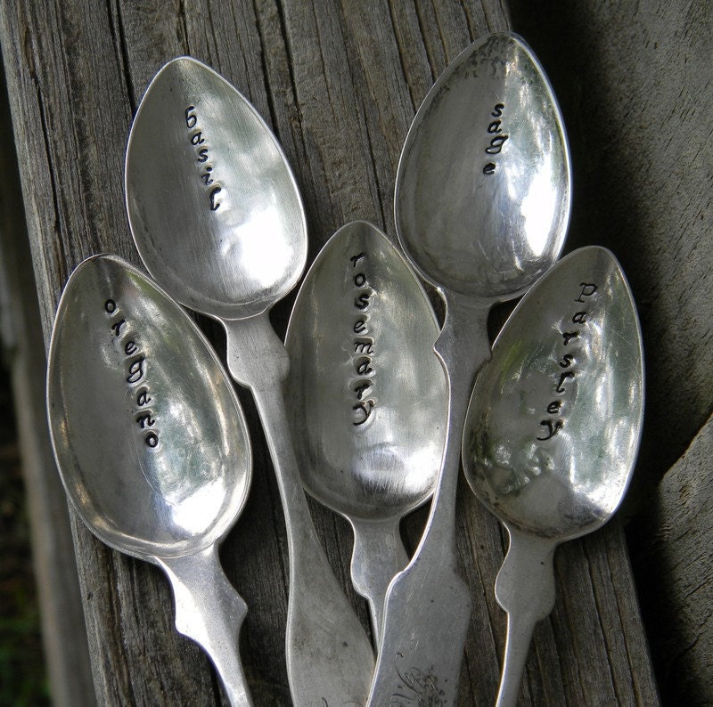 Herb Garden Stakes or Markers Vintage Spoons Hand Stamped Set of 5