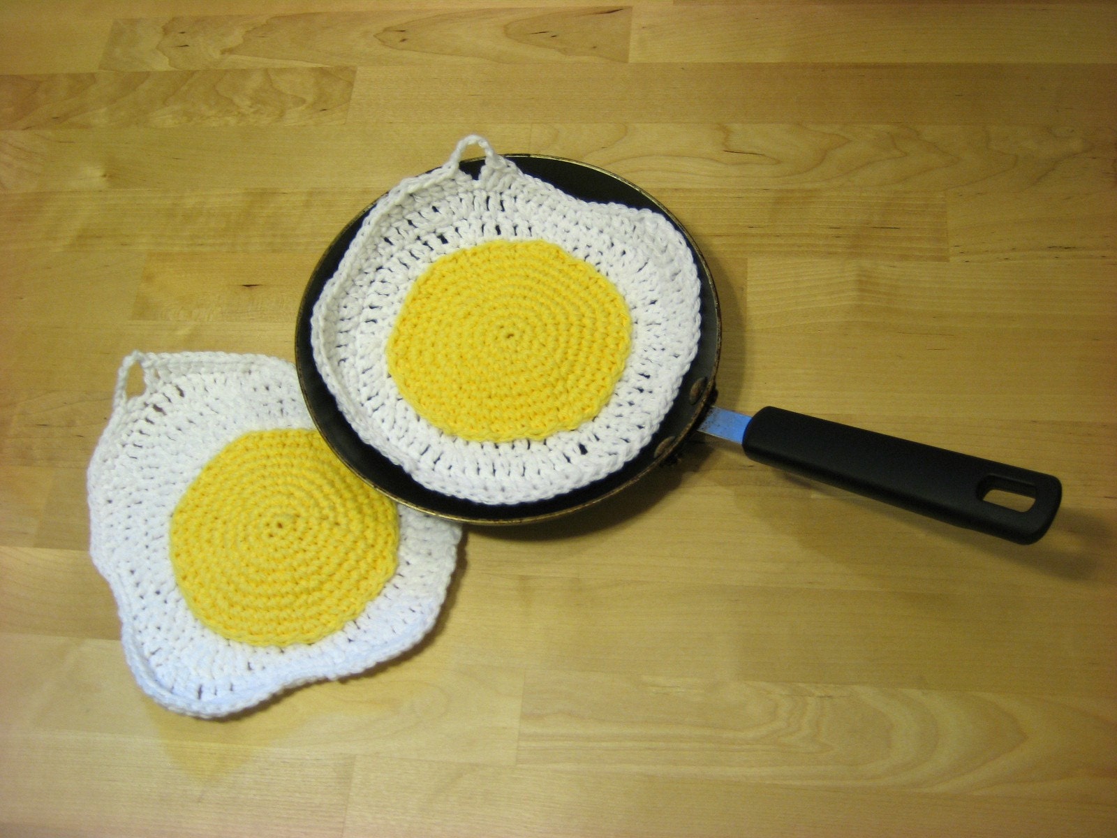 Eco Crocheted Sunny-side Up Egg Pot Holders (set of 2)