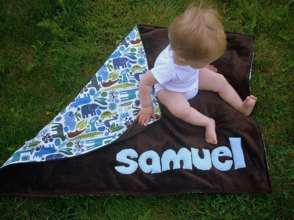 Personalized Baby Stroller Blanket in 2-D Zoo Brown with Light Blue