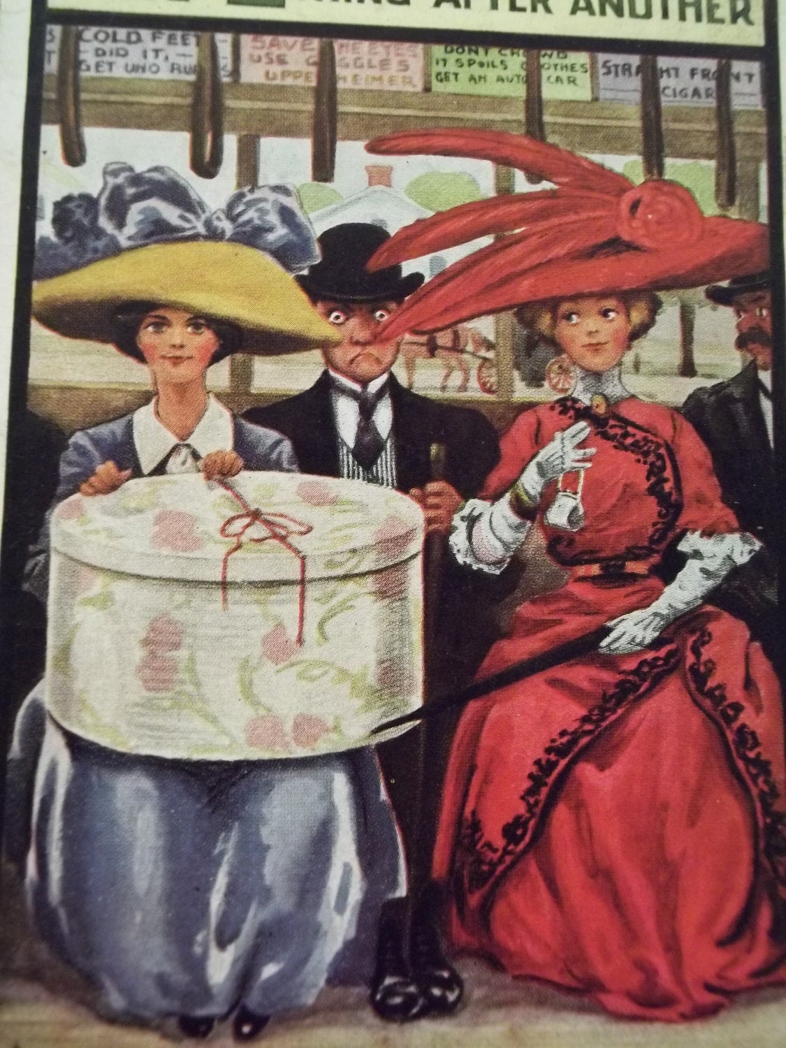 Ladies on Train with Large Hats and Hat Box - Life Series - Vintage Postcard - 1910