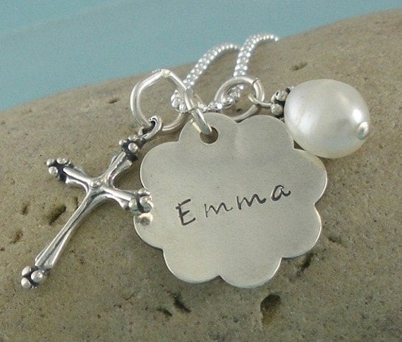 Confirmation Baptism First Communion Sterling Silver Personalized Handstamped Necklace with Cross