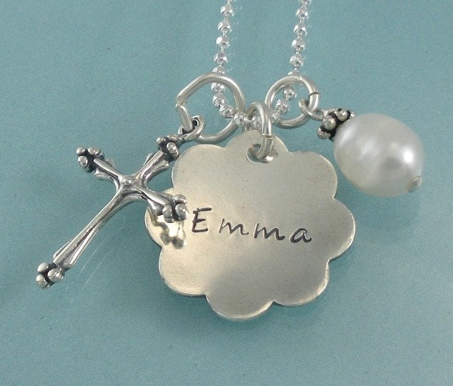 Confirmation Baptism First Communion Sterling Silver Personalized Handstamped Necklace with Cross