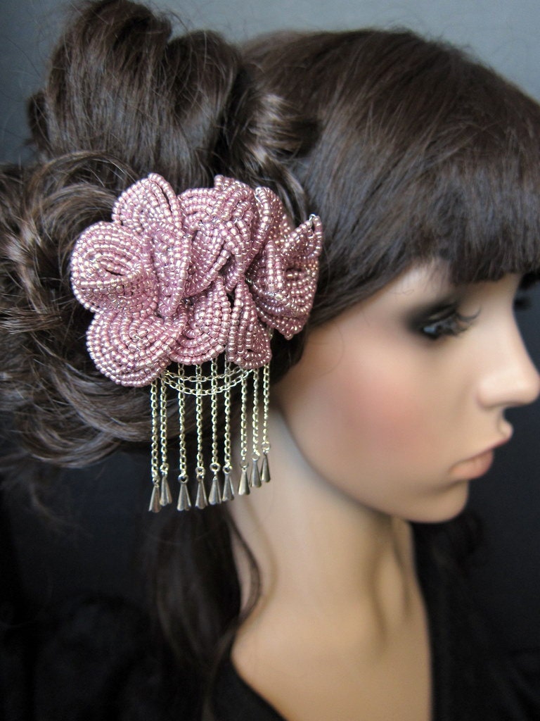Victorian Romance - French Beaded Flower Rose Bira Kanzashi Pin