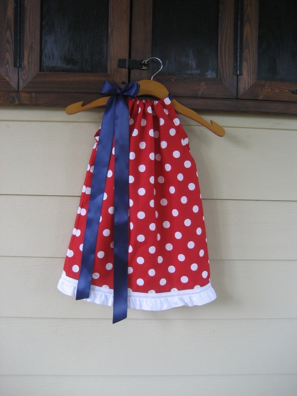July 4th Red Polka Dot Pillowcase Dress with Navy Ribbon - sizes 3m to 6T......PERFECT for the Ole Miss, South Alabama, and TEXANS fans