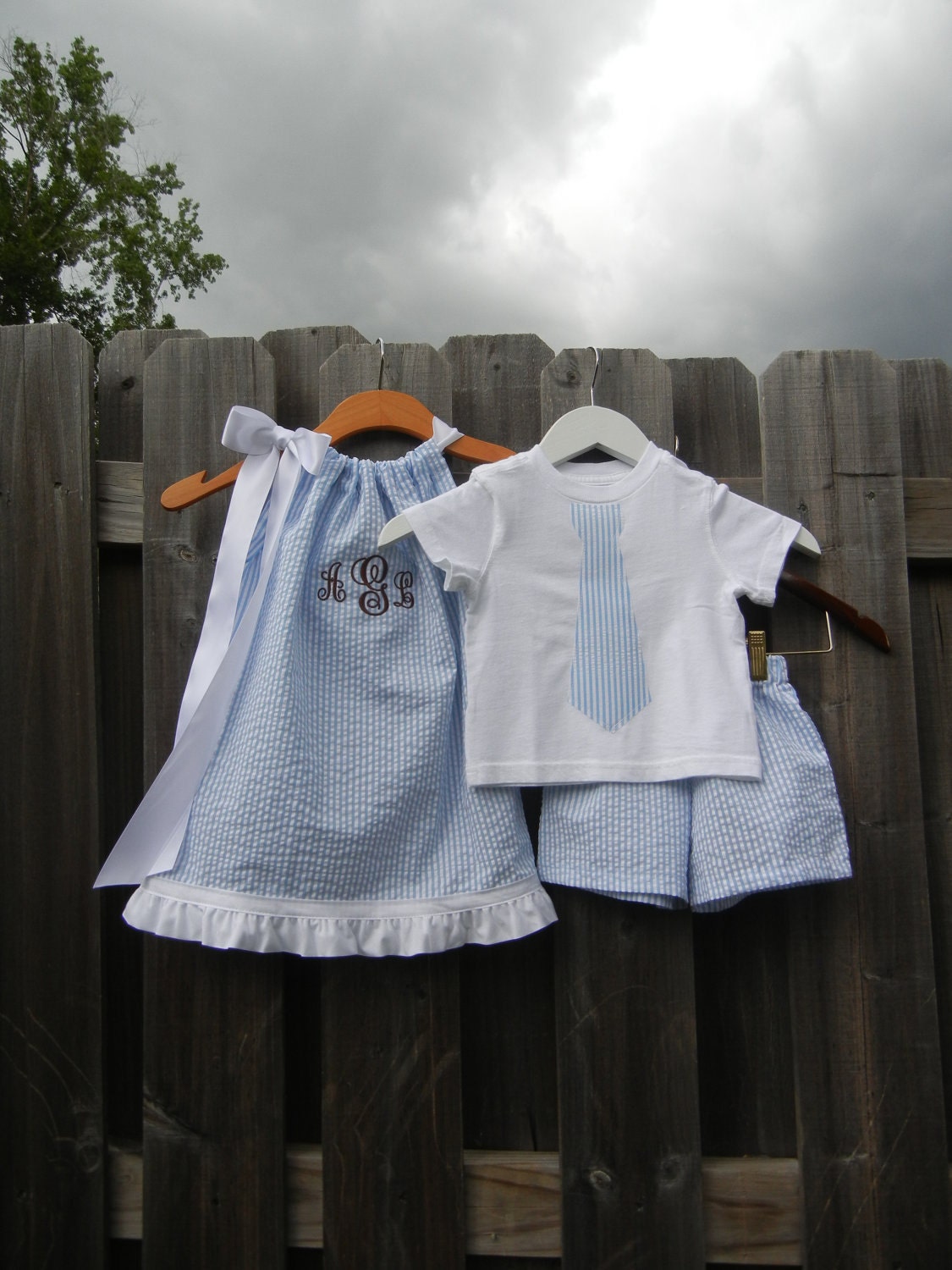 Brother Sister Blue Seersucker Set - Monogrammed Pillowcase Dress and Tie Shorts Set - sizes 6m - 5T....PERFECT for the BEACH
