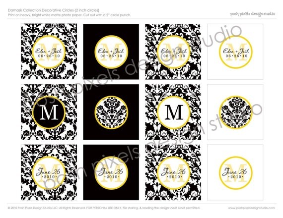 WEDDING - Printable Party Circles - 2 inch - Bridal Shower - Black and White - DIY Damask Collection - by Make Life Cute Il_570xn