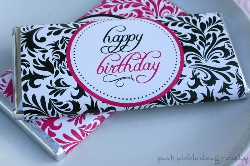 PRINTABLE Candy Bar Wrappers - Happy Birthday - Black, White and Pink - Damask Collection - Make Life Cute at Posh Pixels Design Studio Il_570xn