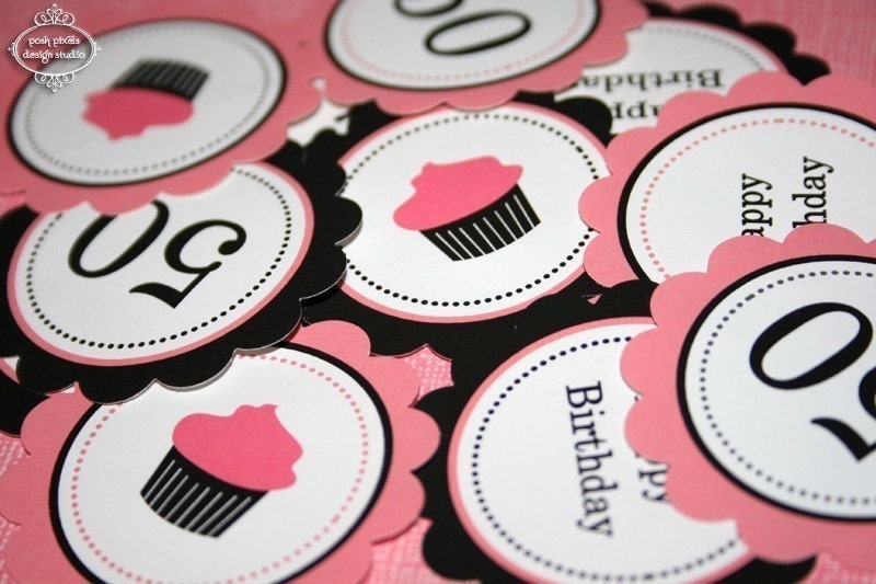BIRTHDAY - Printable Party Circles - 2 inch - Pink and Black - DIY Cute Cupcake Collection - by Make Life Cute Il_570xn