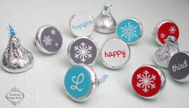 CANDY STICKERS - Printable Birthday Candy Stickers - Aqua and Red - Kiss Labels - DIY Snowflake Collection - by Make Life Cute Il_570xn