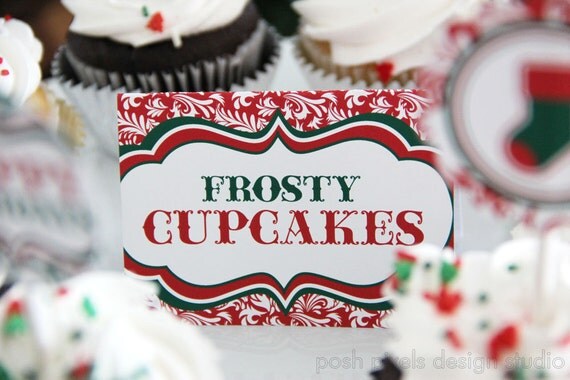 CHRISTMAS PARTY - Printable Designer Labels - Food Tent Cards - Green, Red and Damask - DIY Classic Christmas Collection Il_570xn