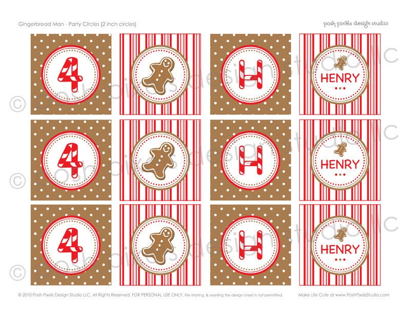 PARTY CIRCLES - Printable Birthday Party Circles - 2 inch - Gingerbread, Candy Canes and Peppermint - DIY Gingerbread Candy Cane Collection Il_570xn