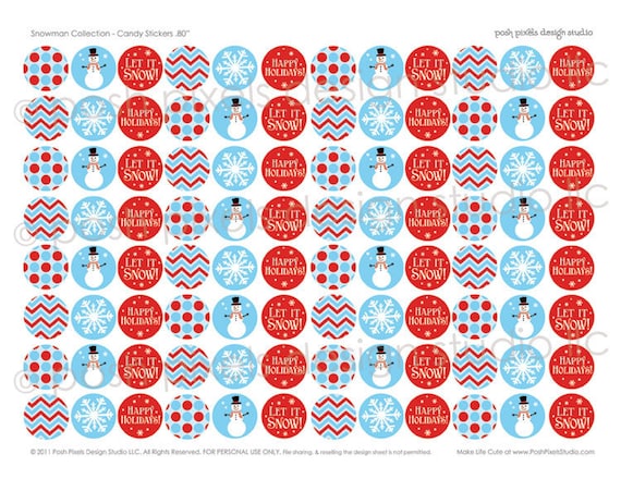 SNOWMAN PARTY - Printable Candy Stickers - Blue, Aqua, Red, Snowflake, Chevron, Polka Dots - DIY Let it Snow Collection Il_570xn