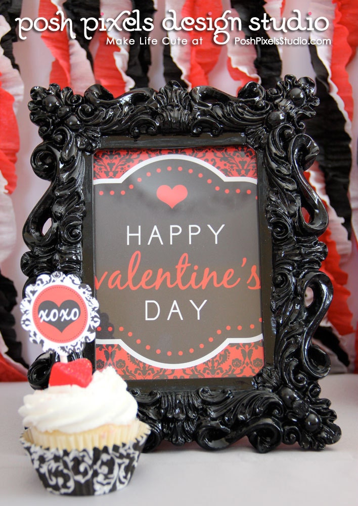Valentine's Day - PRINTABLE Designer Signs - 5"x7" - Black, Red and White - Damask and Hearts - DIY Classic Valentine Collection Il_570xn