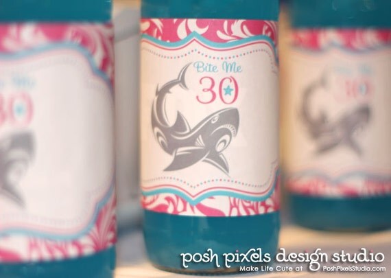 BIRTHDAY - Printable Drink Wraps - Water Bottle Labels - Hot Pink and Turquoise - Shark - DIY Bite Me Collection - by Make Life Cute Il_570xn