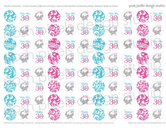 BIRTHDAY - Printable Candy Stickers - Hot Pink and Turquoise - Shark - DIY Bite Me Collection - by Make Life Cute Il_570xn