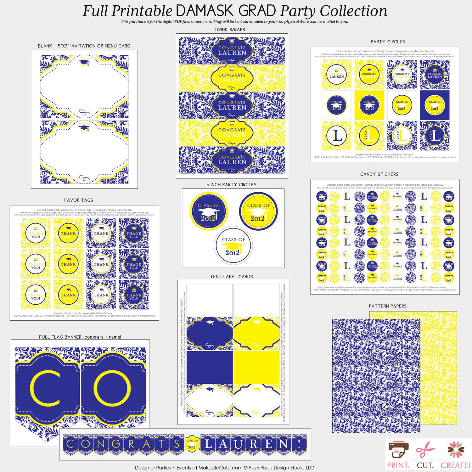 GRAD PARTY PACK - Full Printable Party - Custom Colors - Class of 2012 - Damask Grad Party Collection - by Make Life Cute Il_570xn