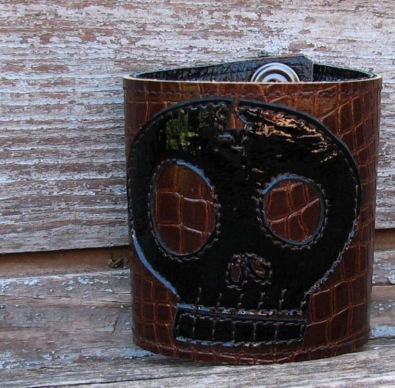 Black and Brown Leather Skull Cuff