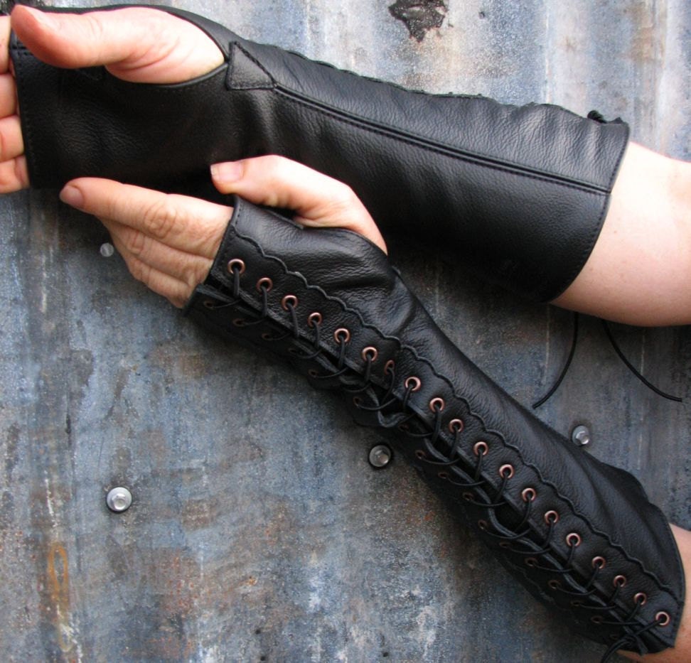Long Black Leather Steampunk Fingerless Gloves