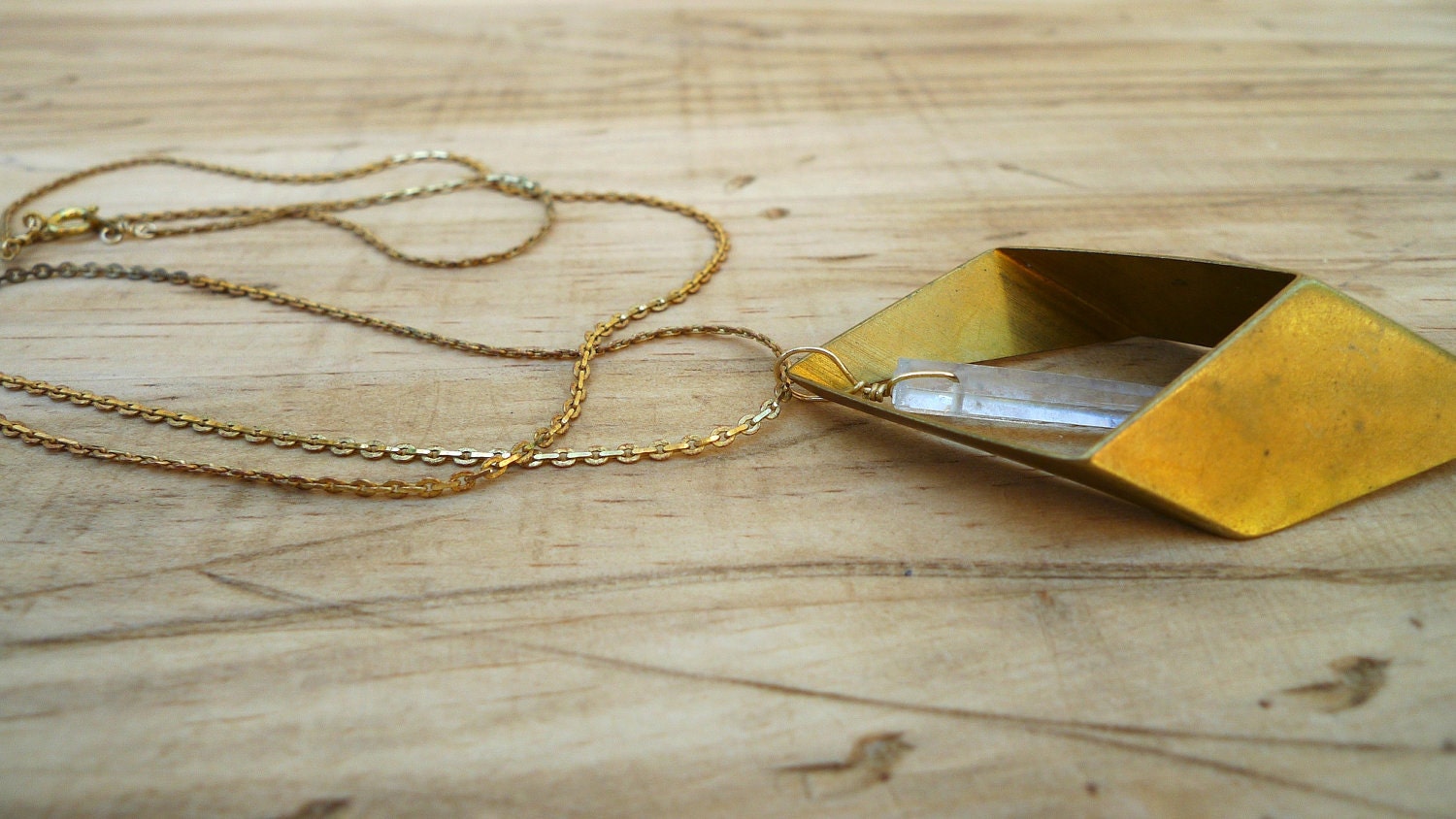 geometric brass rhombus with crystal point necklace