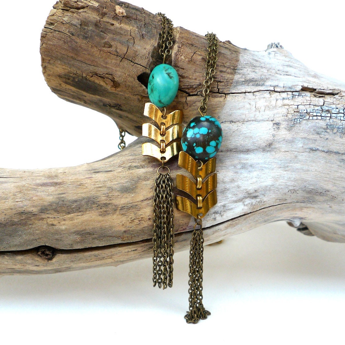 geometric turquoise and brass chevon necklace