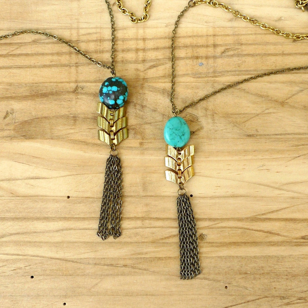geometric turquoise and brass chevon necklace