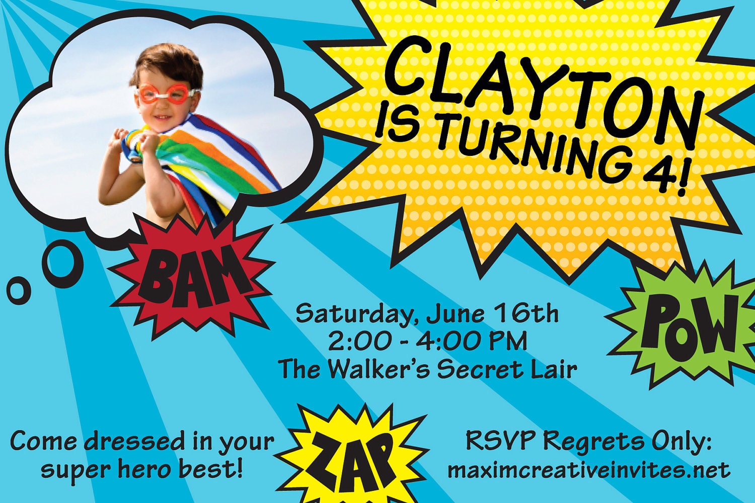 DIY Printable Invitation Bam, Zap, Pow, SUPER HERO Invitation, Comic..Custom Printable Digital Birthday Invitation